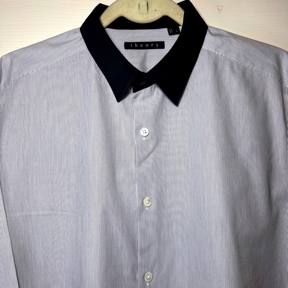 Theory Mens Blue White Micro Stripe Contrast Collar Button Down Shirt Large L